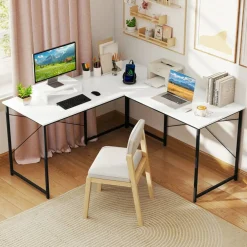 L Shaped Office Desk Convertible 95 Inch Computer Desk With Monitor Shelf Steel Frame Cable Management White