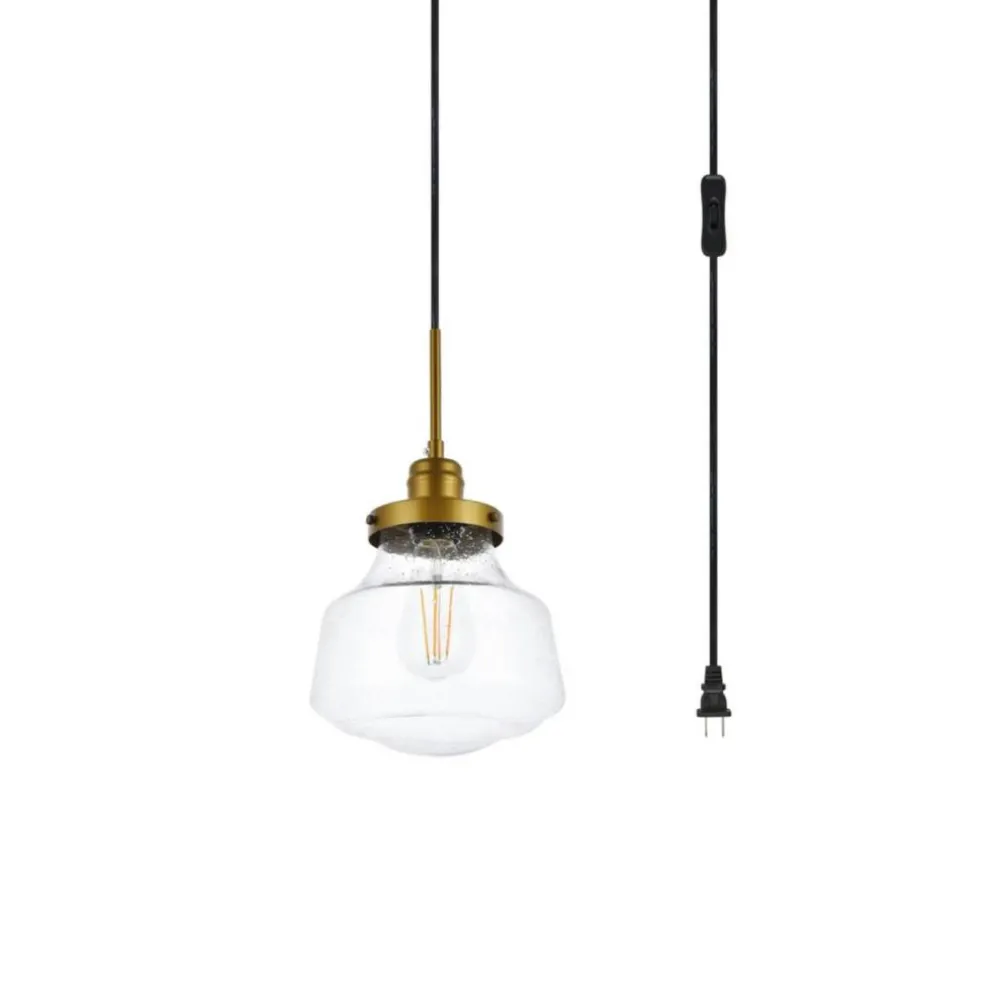 Lyle 1 light Brass and Clear seeded glass plug in pendant