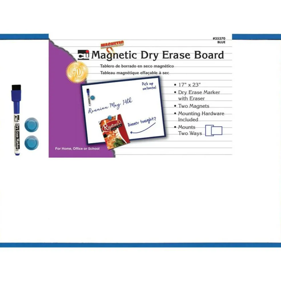 Magnetic Dry Erase Board, 17" x 23", w/Eraser/Marker and 2 Magnets, Blue Frame, 1 Each