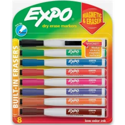 Magnetic Dry Erase Markers with Eraser, Fine Tip, Assorted Colors, 8-Count