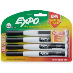 Magnetic Dry Erase Markers with Eraser, Fine Tip, Black, 4-Count
