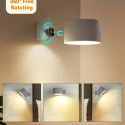 Magnetic LED Wall Sconce, 360° Rotating Rechargeable Reading Light with Remote & Touch Control