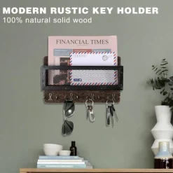 Mail and Key Holder for Wall Decorative, Wooden Wall Mount Key Rack Hanger Organizer with 4 Double Key Hooks, Rustic Home Decor for Entryway Hallway, Brown