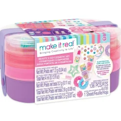 Make It Real: Beauty 2-Go! Cosmetic Set - 136pcs, Glam for Eyes-Hair-Nails, Tray Compartments, Pink & Purple Storage Carry Case, Girls & Kids Ages 8+