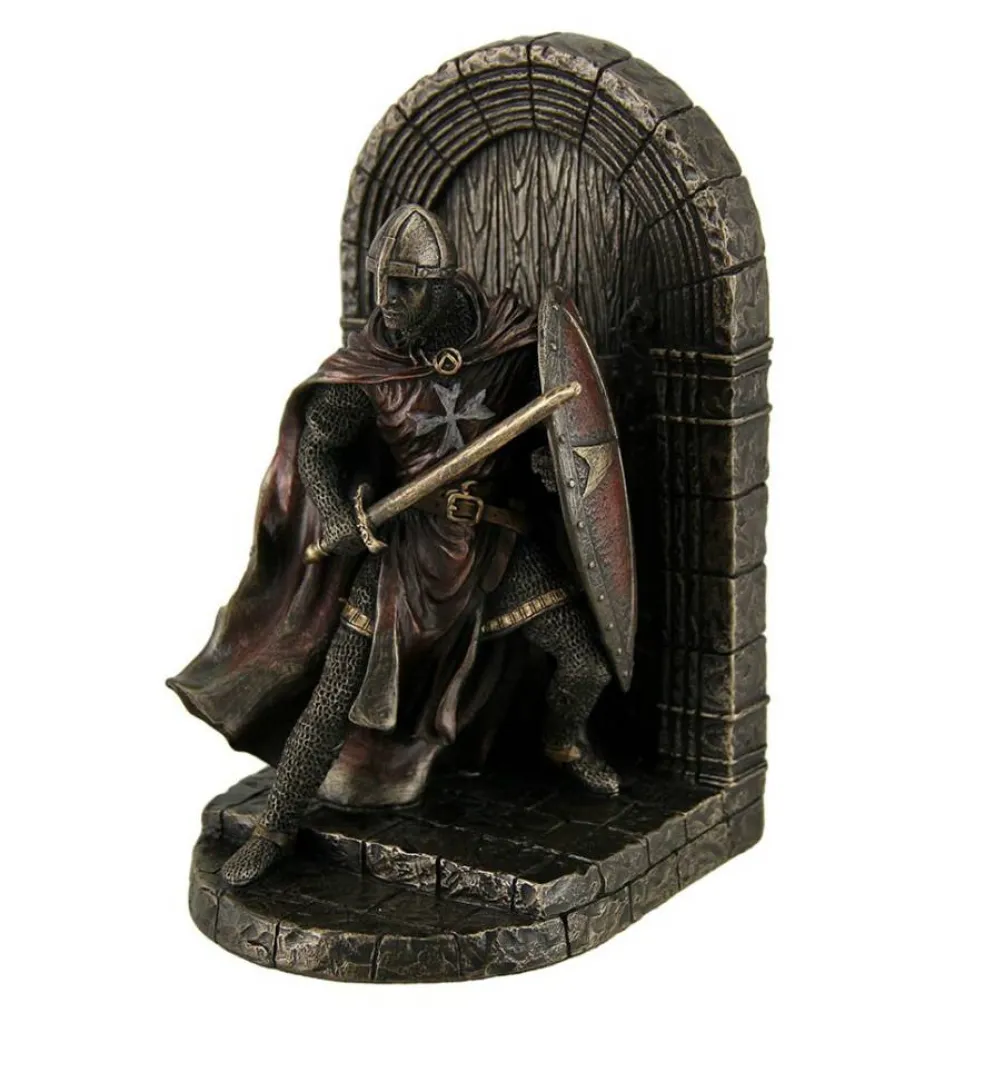 Maltese Crusader Statue in Armor Guarding Door Holding Shield & Sword Bookend