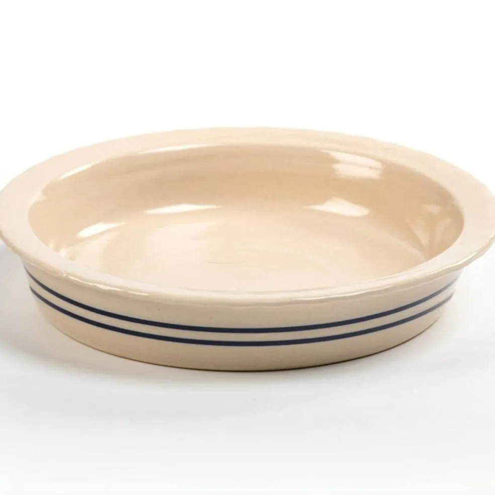 Martinez Pottery Stoneware Pie Baking Pan with Blue Stripes Glazed Finish 8 inch
