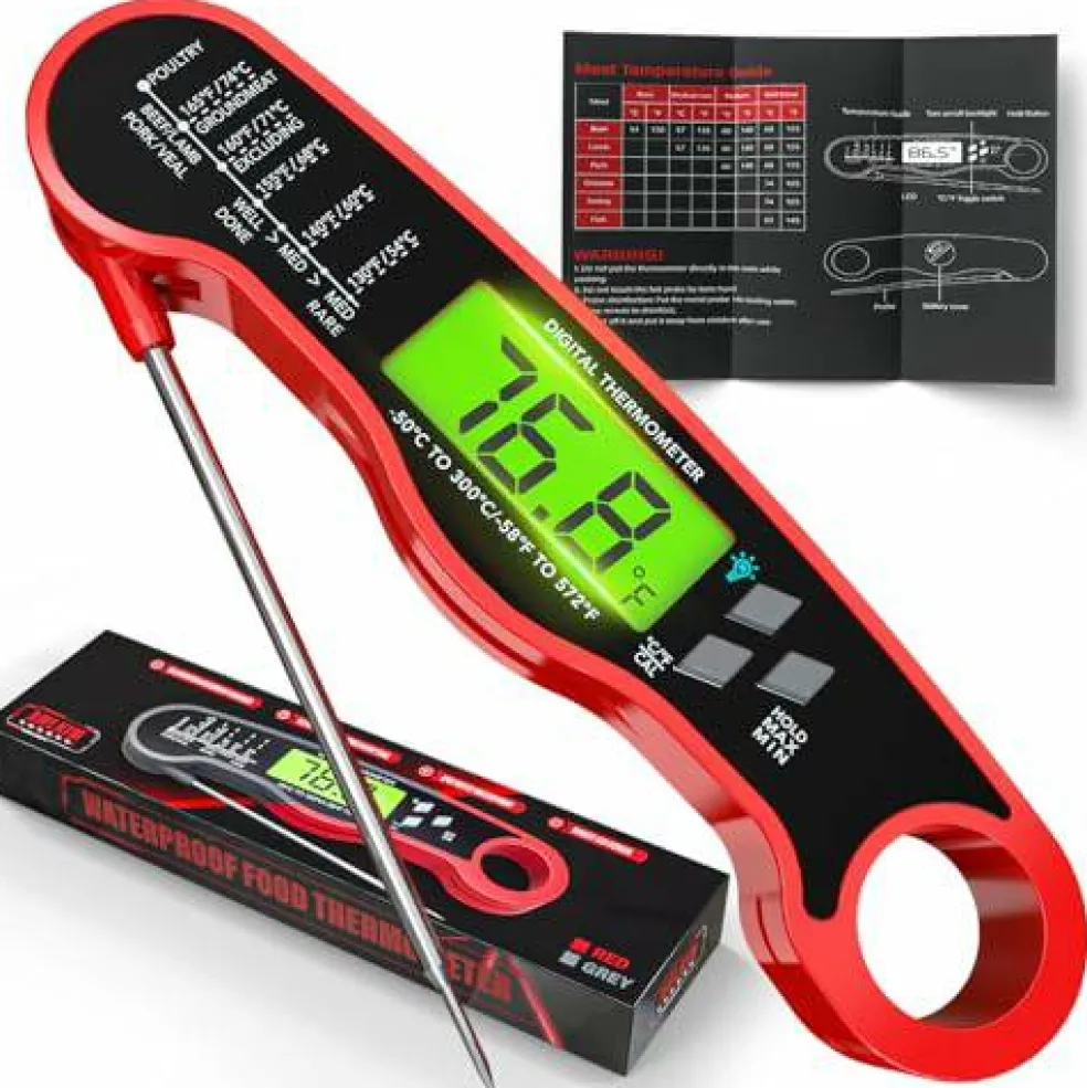 Meat Thermometer Digital - Fast Instant Read Food Thermometer for Cooking, Candy Making, Outside Grill, Waterproof Kitchen Thermometer with Backlight & Hold Function - Red