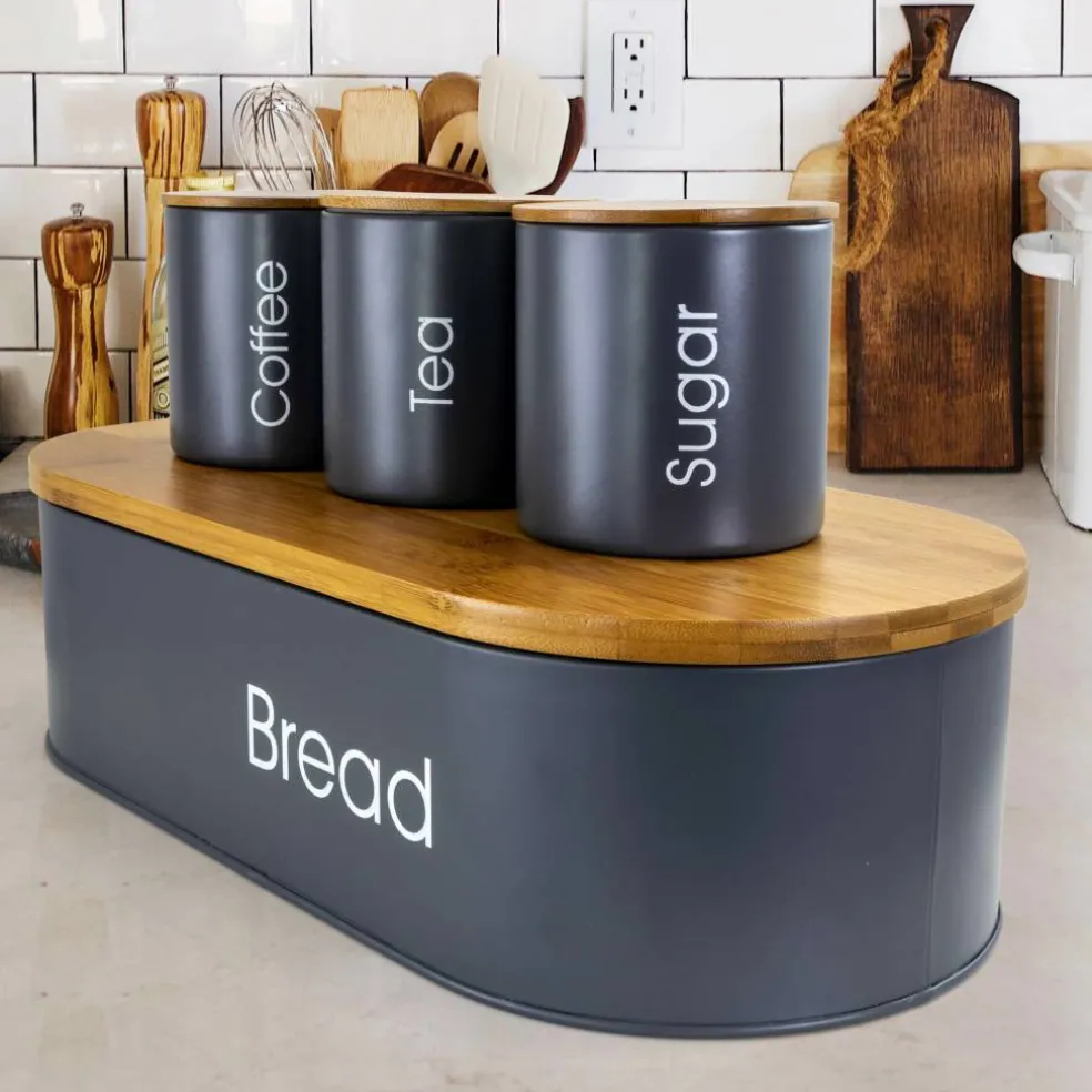 MegaChef Bamboo Kitchen Countertop Gray 4-Piece Metal Bread Basket & Canister Set