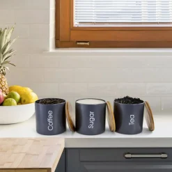 MegaChef Bamboo Kitchen Countertop Gray 4-Piece Metal Bread Basket & Canister Set