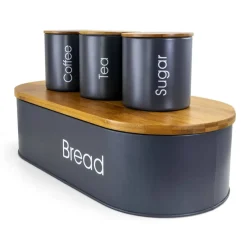 MegaChef Bamboo Kitchen Countertop Gray 4-Piece Metal Bread Basket & Canister Set