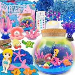 Mermaid Terrarium Craft Kit for Kids with LED Night Light & Remote, DIY Creative Arts & Crafts Set for Girls Ages 5-12, Birthday Educational Gift Toy
