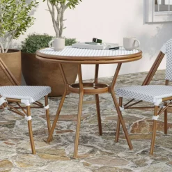 Merrick Lane Celia Bistro Style Table with Tempered Glass Top, PE Rattan, and Bamboo Finished Metal Frame for Indoor/Outdoor Use