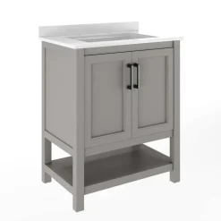 Merrick Lane Vigo Bathroom Vanity with Ceramic Sink, Carrara Marble Finish Countertop, Storage Cabinet with Soft Close Doors and Open Shelf