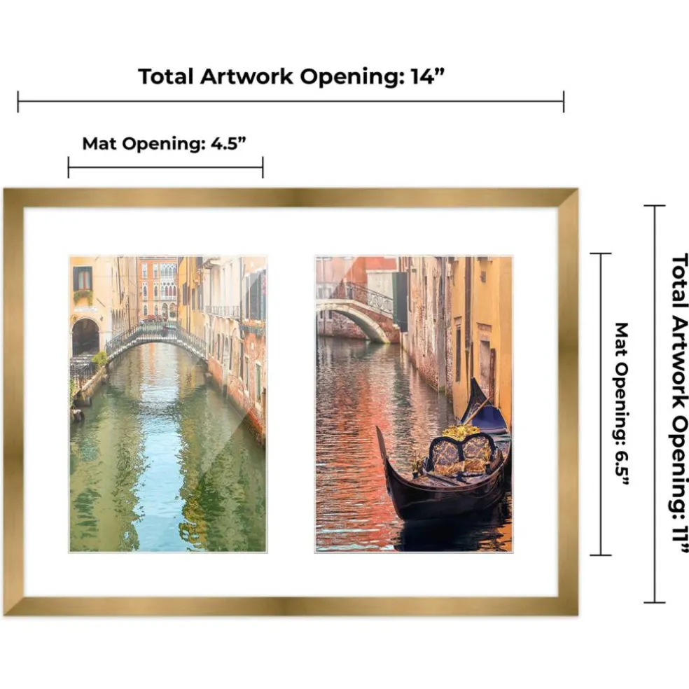 Metallic Gold Bronze Finish Collage Frame - White Mat, 20 Frame Sizes to Choose From, UV Acrylic, Wall Hanging Hardware, Vertical or Horizontal Display