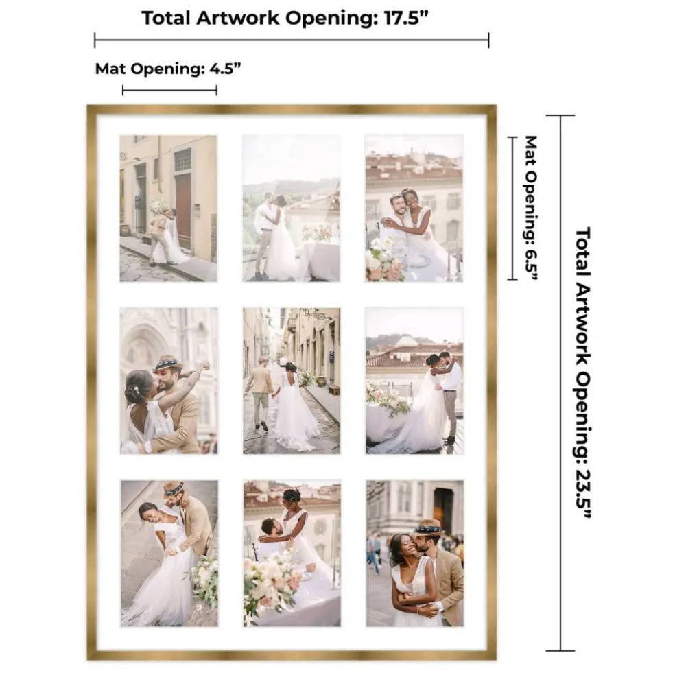 Metallic Gold Bronze Finish Collage Frame - White Mat, 20 Frame Sizes to Choose From, UV Acrylic, Wall Hanging Hardware, Vertical or Horizontal Display