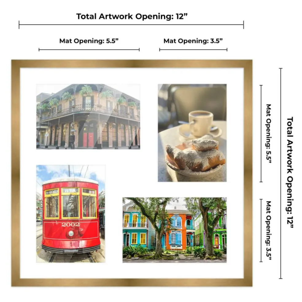 Metallic Gold Bronze Finish Collage Frame - White Mat, 20 Frame Sizes to Choose From, UV Acrylic, Wall Hanging Hardware, Vertical or Horizontal Display