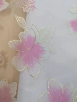 Metallic Gold & Pink Floral White Organza Fabric – 58/59" Sheer Polyester (1 Yard)