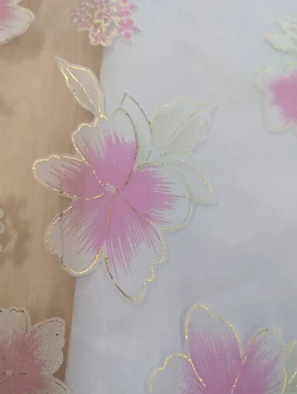Metallic Gold & Pink Floral White Organza Fabric – 58/59" Sheer Polyester (1 Yard)