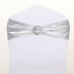 Metallic Spandex Chair Sashes Silver Round Buckles