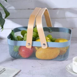 Metal Mesh Steel Basket, Storage Organizer Baskets Garden Harvest Basket Multi-functional Kitchen Fruit Baskets Bin with Wooden Handle for Bathroom Picnic Shopping Decor Cabinet Home, Blue