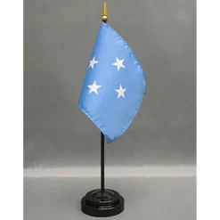 Micronesia Desk Flag with Base; American Made Rayon 4x6 inch Miniature Table Set Includes One Small Mini Country Stick Flags and One Black Stand