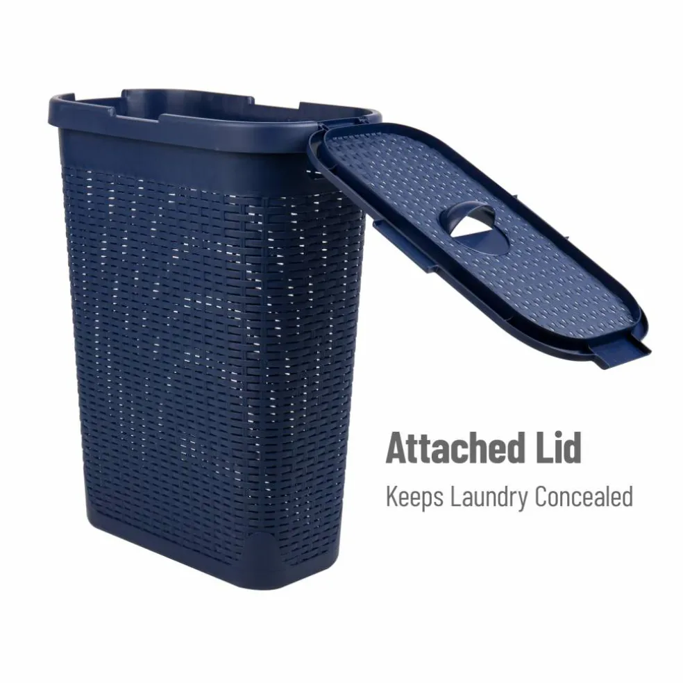 Mind Reader 40L Ventilated Slim Laundry Hamper with Cut Out Handles & Attached Hinged Lid, 2ct.