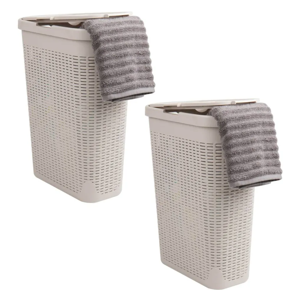 Mind Reader 40L Ventilated Slim Laundry Hamper with Cut Out Handles & Attached Hinged Lid, 2ct.
