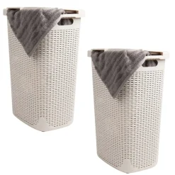 Mind Reader 60L Ventilated Slim Laundry Hamper with Cut Out Handles & Attached Hinged Lid, 2ct.