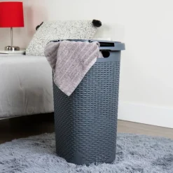 Mind Reader 60L Ventilated Slim Laundry Hamper with Cut Out Handles & Attached Hinged Lid, 2ct.