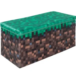 Minecraft: Bench Storage Box - Large - Pixel Grass Block, Collapsible Toy Storage w/ Lid, Footrest, 11.8 x 23.6 x 11.8", Game Theme Decor, Licensed