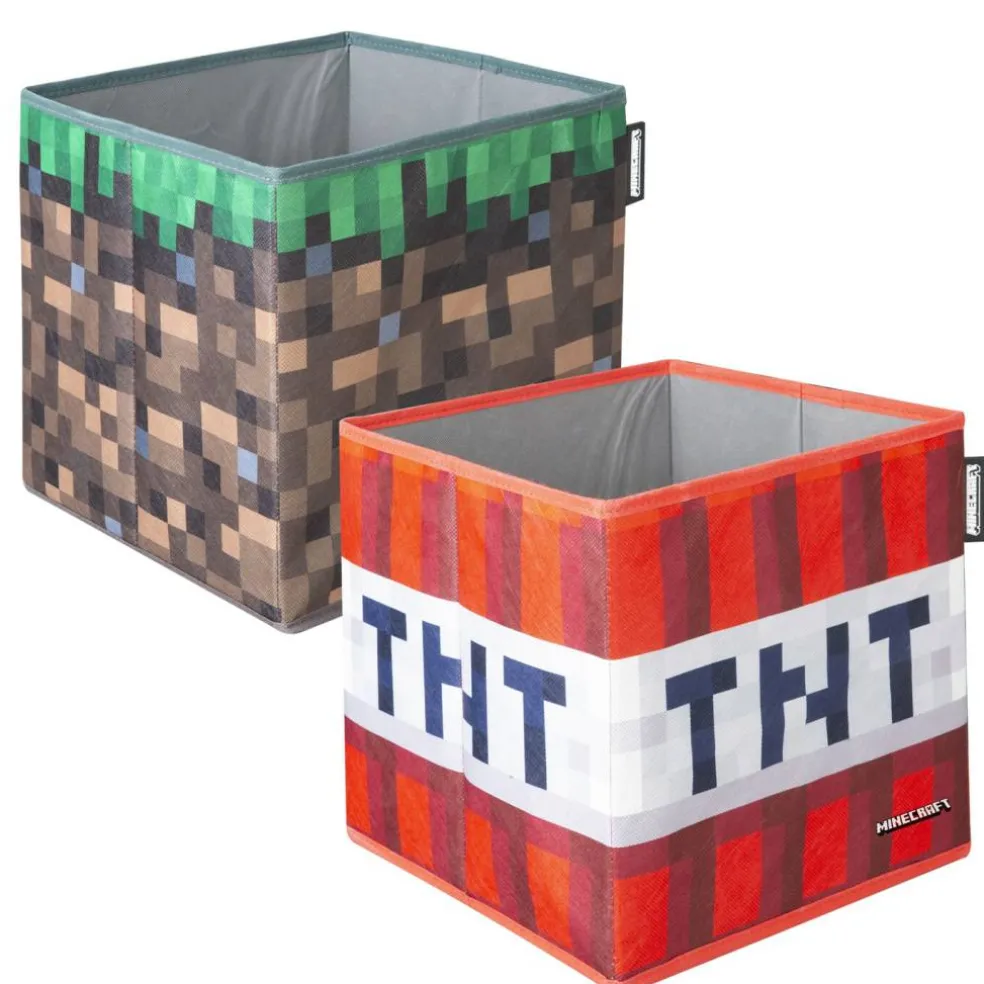 Minecraft: Fabric Storage Boxes: 2pc - TNT & Grass Block - 10" Collapsible Square Cubes, Toys-Games-Clothes Organization, Game Theme Decor, Licensed