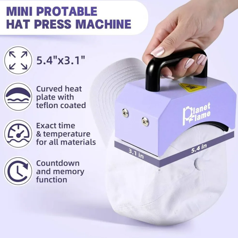 Mini Hat Heat Press Machine – Portable Cap Press with Curved 5.4"×3.1" Teflon Heat Plate, Digital Temperature Control (0–400°F) for Sublimation, HTV & DIY Hat Printing Projects