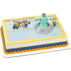 Minions Fart Bubble Blaster Cake Topper, 4 Piece Decoration Set With Working Bubble Wand, Stand, & Kevin, Bob, & Stuart Cake Kit