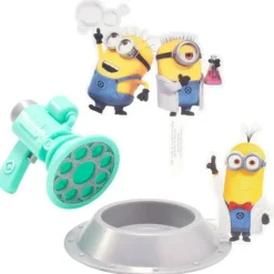Minions Fart Bubble Blaster Cake Topper, 4 Piece Decoration Set With Working Bubble Wand, Stand, & Kevin, Bob, & Stuart Cake Kit