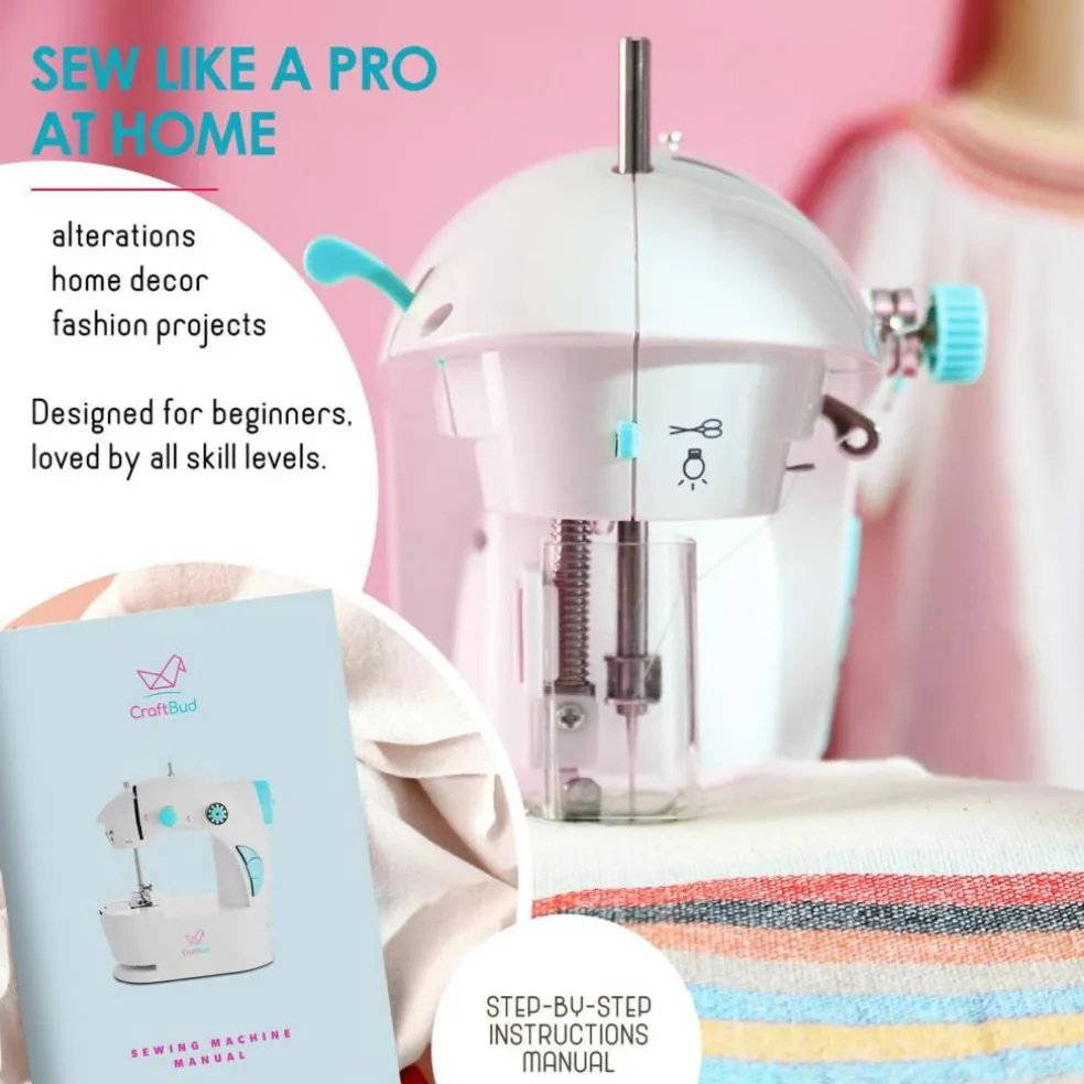 Mini Sewing Machine for Beginners, Dual Speed Small Portable Sewing Machine for Kids and Adults with Extension Table, 48 Piece Gift Set Includes, Pedal, Projects Book, Light and More, White