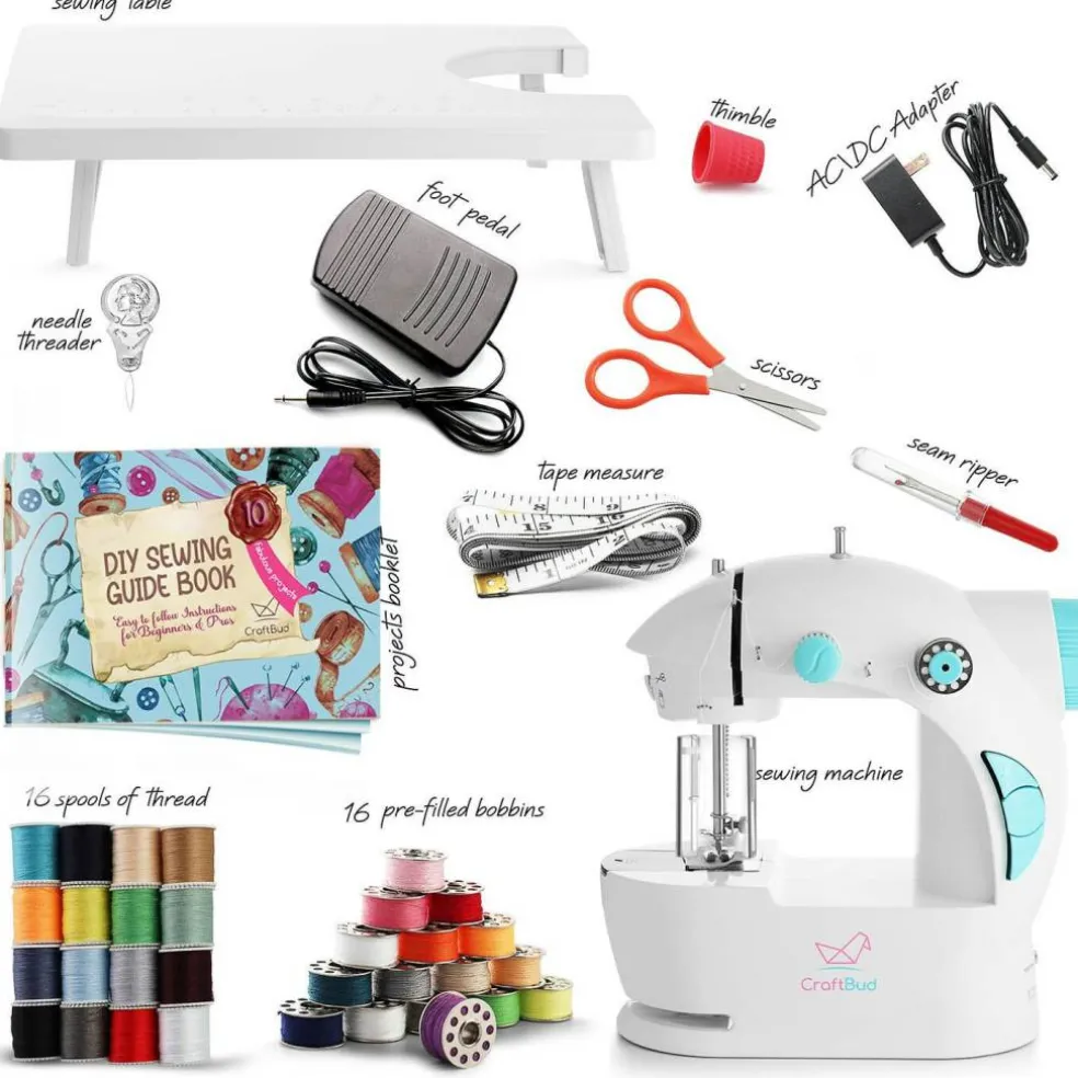 Mini Sewing Machine for Beginners, Dual Speed Small Portable Sewing Machine for Kids and Adults with Extension Table, 48 Piece Gift Set Includes, Pedal, Projects Book, Light and More, White