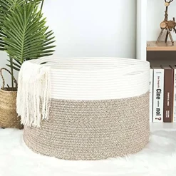 MINTWOOD Design Extra Large 22 x14 Inches Decorative Woven Cotton Rope Basket, Laundry Basket, Blanket Basket, Dog Toy Storage Baskets Bin, Laundry Hamper, Towel Basket, Light Brown