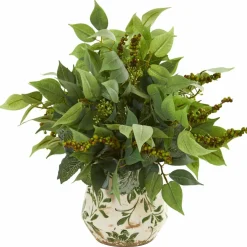 13" Mixed Ficus, Fittonia & Berry in Floral Vase