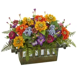 14" Mixed Floral Arrangement in Rectangular Wood Planter
