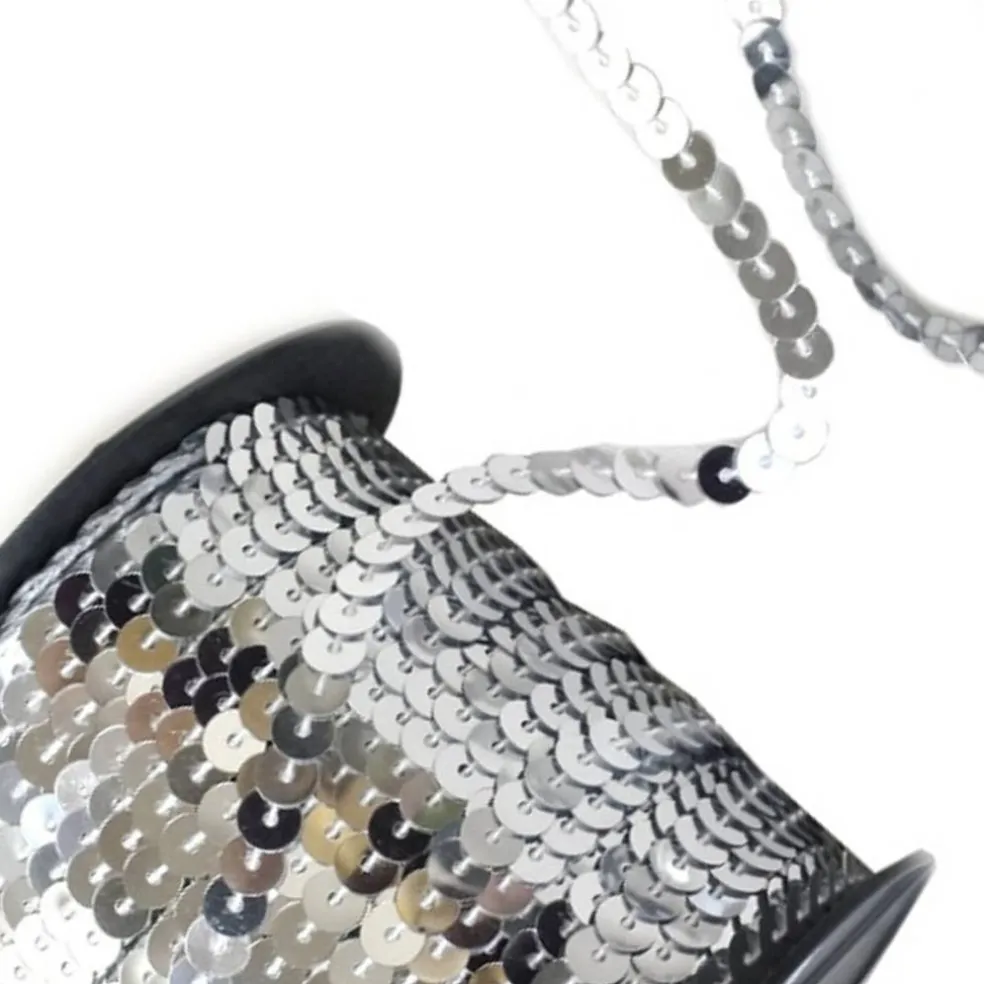 6mm x 100 Yards Silver Flat Metallic Cord Strung Sequin Trim
