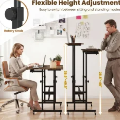 Mobile Standing Desk with Charging Station, Adjustable Sit Stand Desk with Dual Desktops, Tilting Work Surface and Lockable Wheels for Home Office