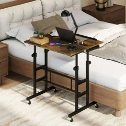 Mobile Standing Desk with Charging Station, Adjustable Sit Stand Desk with Dual Desktops, Tilting Work Surface and Lockable Wheels for Home Office