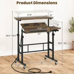Mobile Standing Desk with Charging Station, Adjustable Sit Stand Desk with Dual Desktops, Tilting Work Surface and Lockable Wheels for Home Office