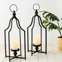 22" Modern Farmhouse Black Metal Candle Lantern Set