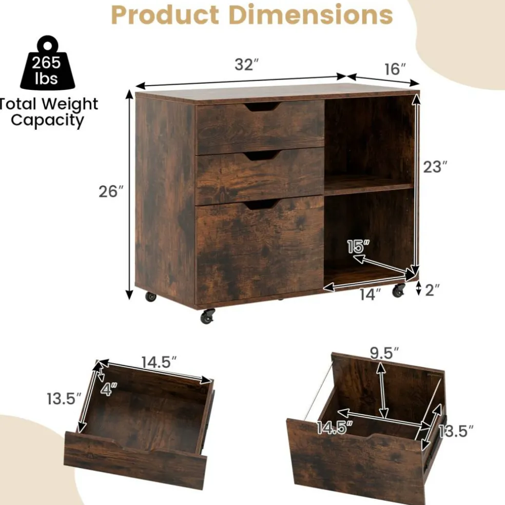 Modern Mobile File Storage Cabinet with Large Tabletop 3 Drawers and Smooth Rolling Wheels