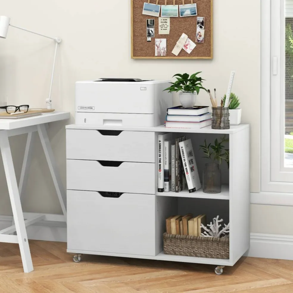 Modern Mobile File Storage Cabinet with Large Tabletop 3 Drawers and Smooth Rolling Wheels