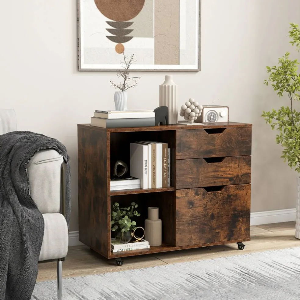 Modern Mobile File Storage Cabinet with Large Tabletop 3 Drawers and Smooth Rolling Wheels