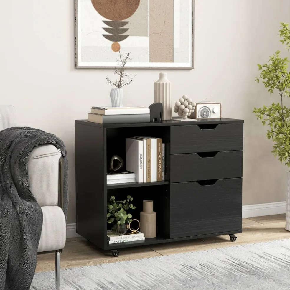 Modern Mobile File Storage Cabinet with Large Tabletop 3 Drawers and Smooth Rolling Wheels