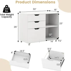 Modern Mobile File Storage Cabinet with Large Tabletop 3 Drawers and Smooth Rolling Wheels