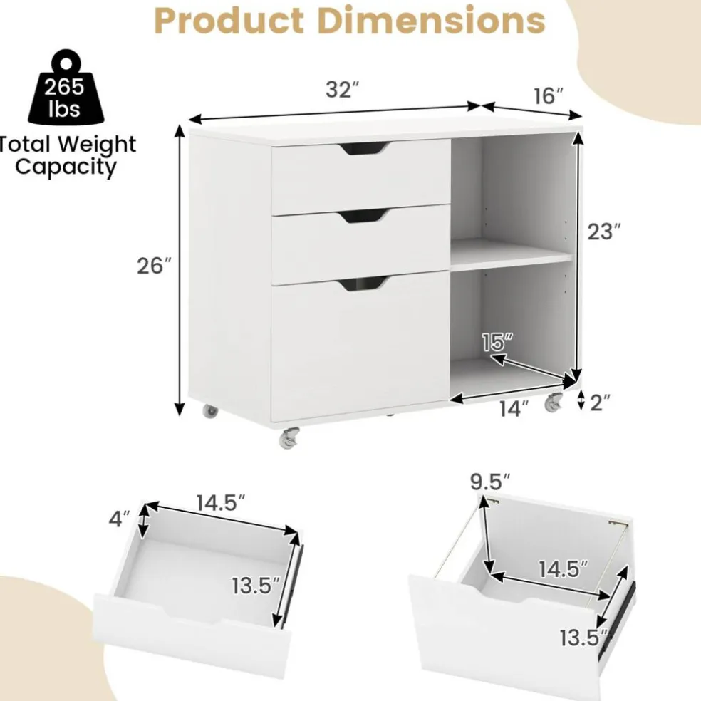 Modern Mobile File Storage Cabinet with Large Tabletop 3 Drawers and Smooth Rolling Wheels
